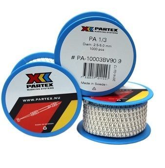 PARTEX PA1/3 CABLE FERRULE MARKER, (BLACK/WHITE), 1000PCS/ROLL, MARKER: 09 +./ AZ