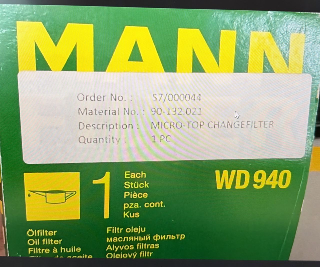 WD940 Mann Hydraulic Oil Filter