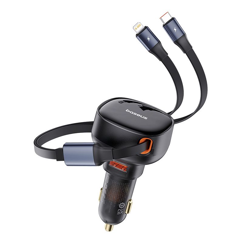 BASEUS 60W CAR CHARGER BUILTIN RETRACTABLE FAST CHARGING TYPEC CABLE