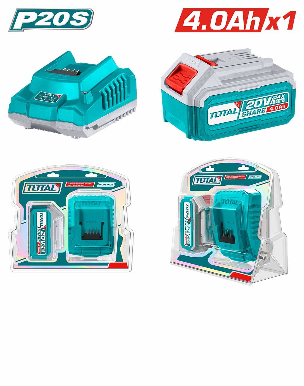 Total - Li-Ion Battery Pack & Charger Kit (T-TFBCPK1214) / P20S / Fit for All P20S 20V tool / Battery & Charger Set / Battery & Charger Kit / Kit Set / Combo Set / T-TFBCPK1214 / 1pcs 4.0Ah Battery & 1pcs 2A Fast charger